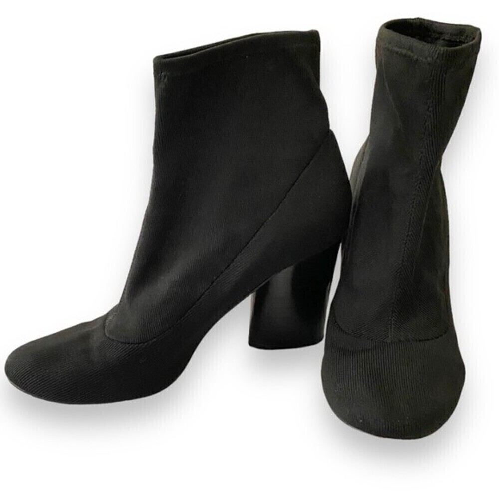 Gunmetal Black Sock Ankle Booties Slip On Round Toe Ribbed Fabric Boots Chunky